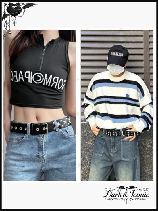 3pc Y2K Star Studded Punk Goth Emo Belt Set PU Leather Double Grommet main image 5
